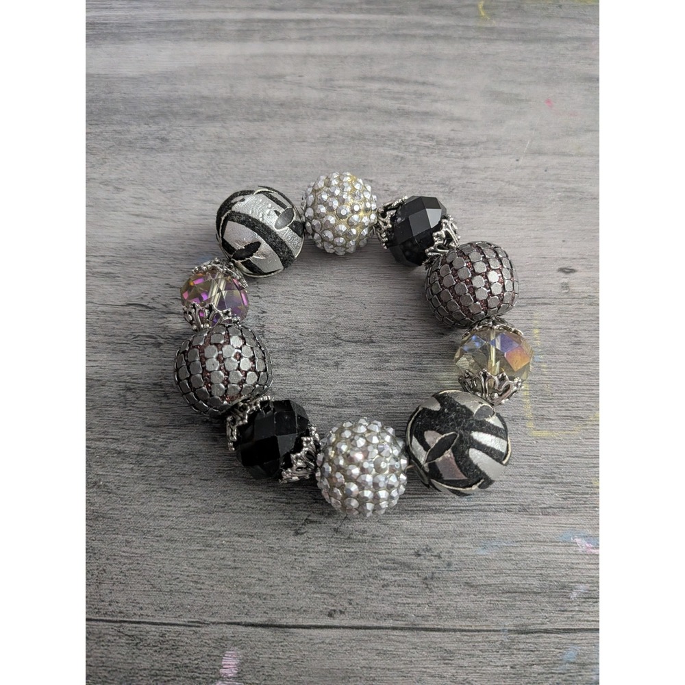 Chunky Mixed Bead Stretch Bracelet Silver Black Pave Crystal Statement Jewelry